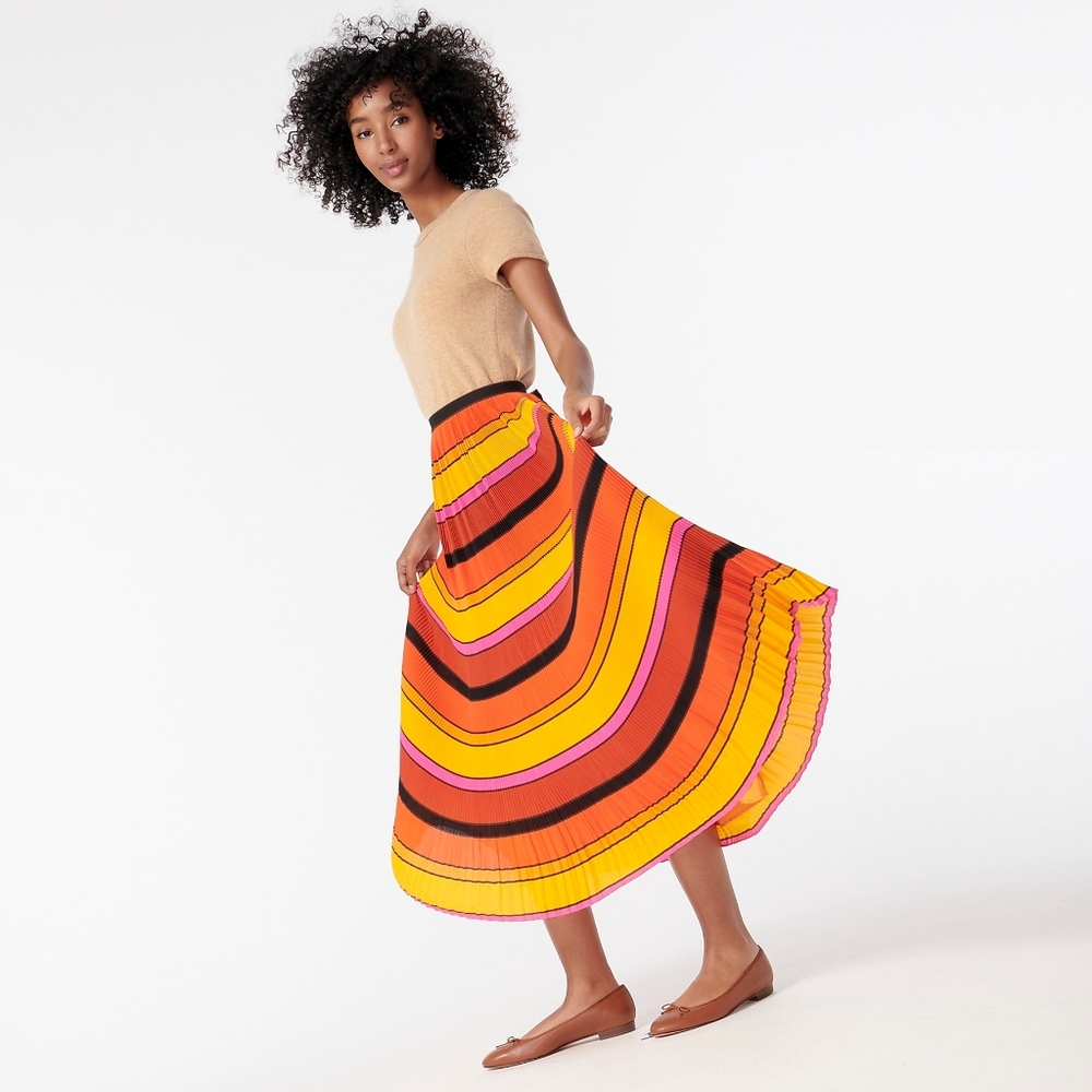 New! J Crew Pleated Orange Yellow Stripes Summer Skirt NWT